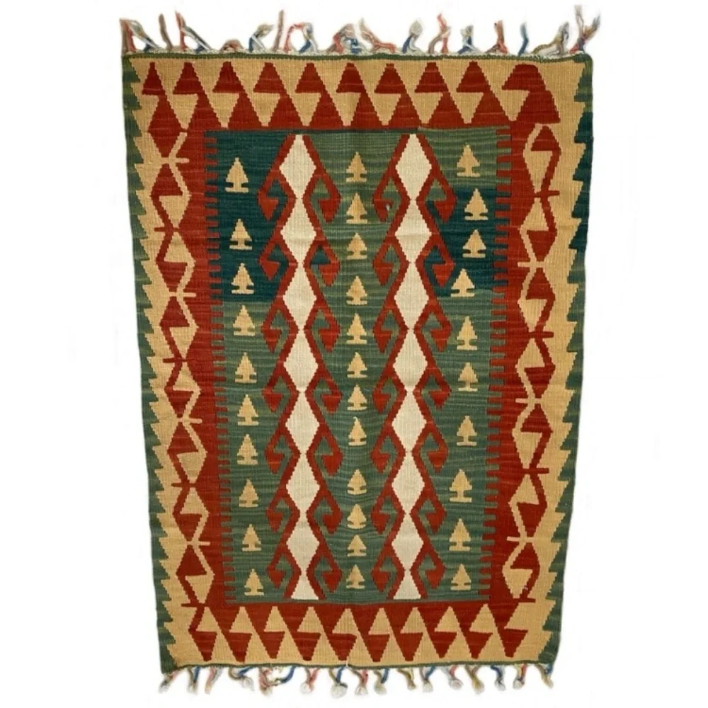 Vintage Bohemian Aztec Kilim Rug Wall Tapestry Accent Rug 50”X34”